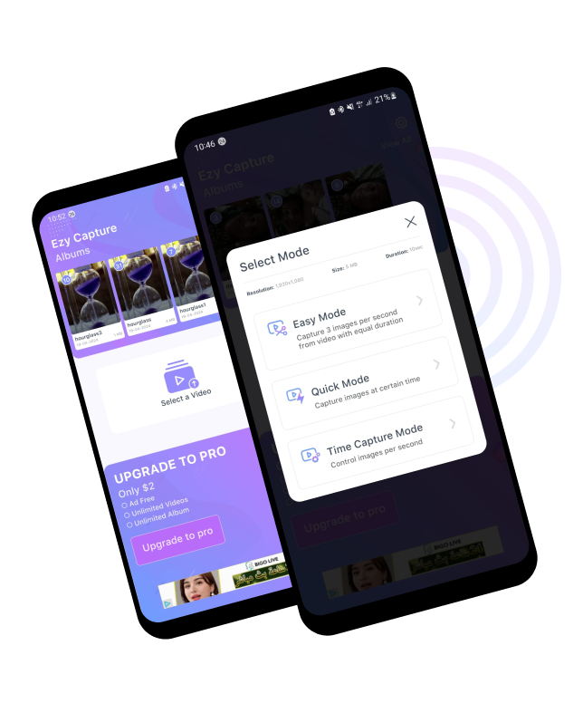 Video to Photo and Frames mobile app interface